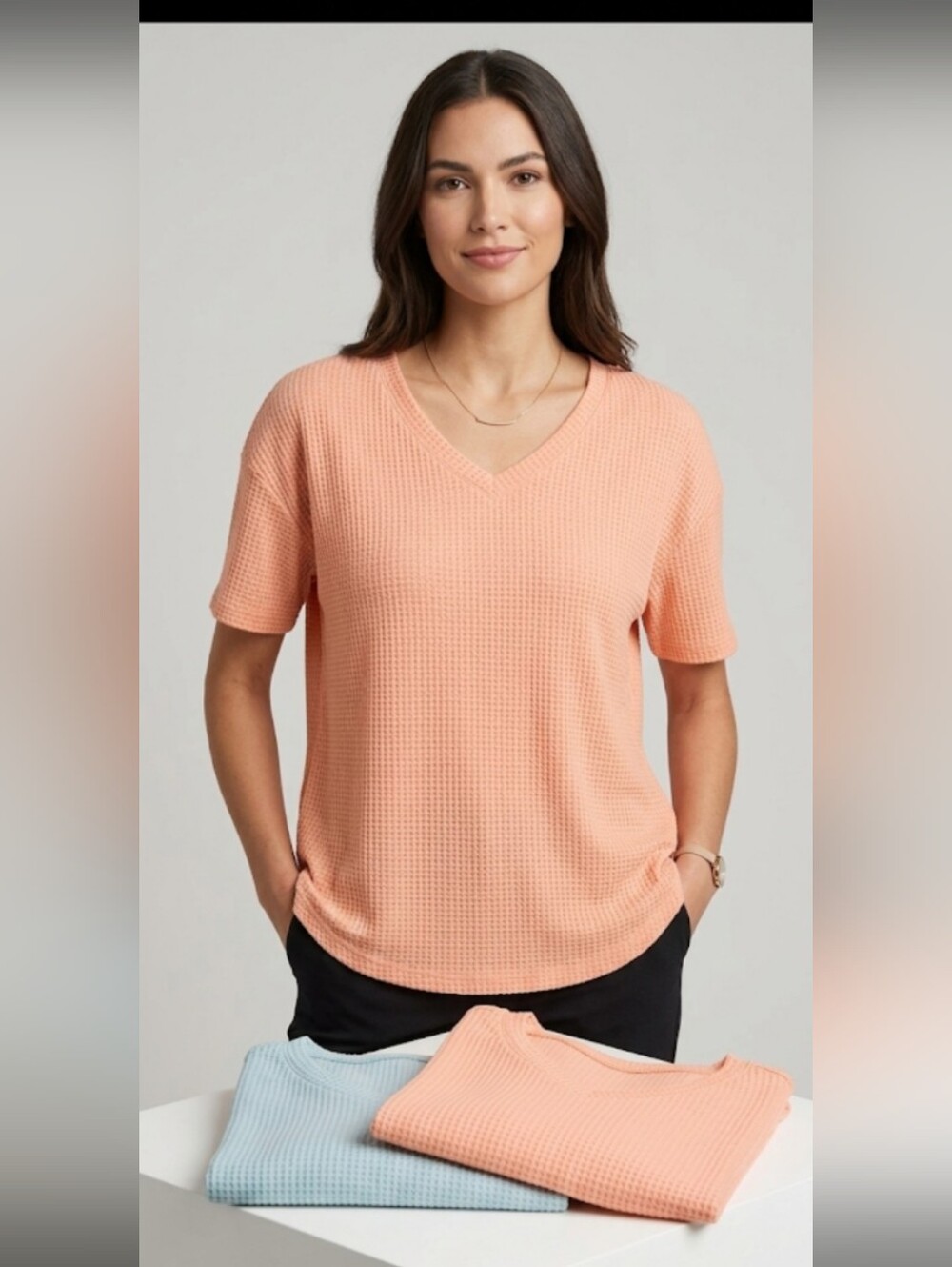 V-Neck Waffle Knit Short Sleeve Top - Peach And Blue #103